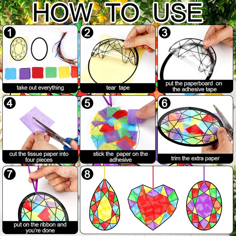 Eersida 32 Pcs Jewel Suncatchers Paper Craft Set DIY Diamond Shaped Stained Glass Effect Tissue Paper Kits Bulk for Window Activities Art Party Decorations Favors Gift - Image 4